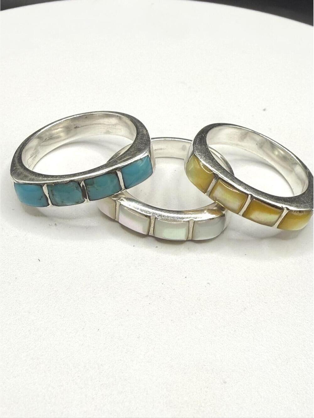 Signed 925 Sterling Silver Inlay Stacking Ring Set – Turquoise, Moonstone & Opal